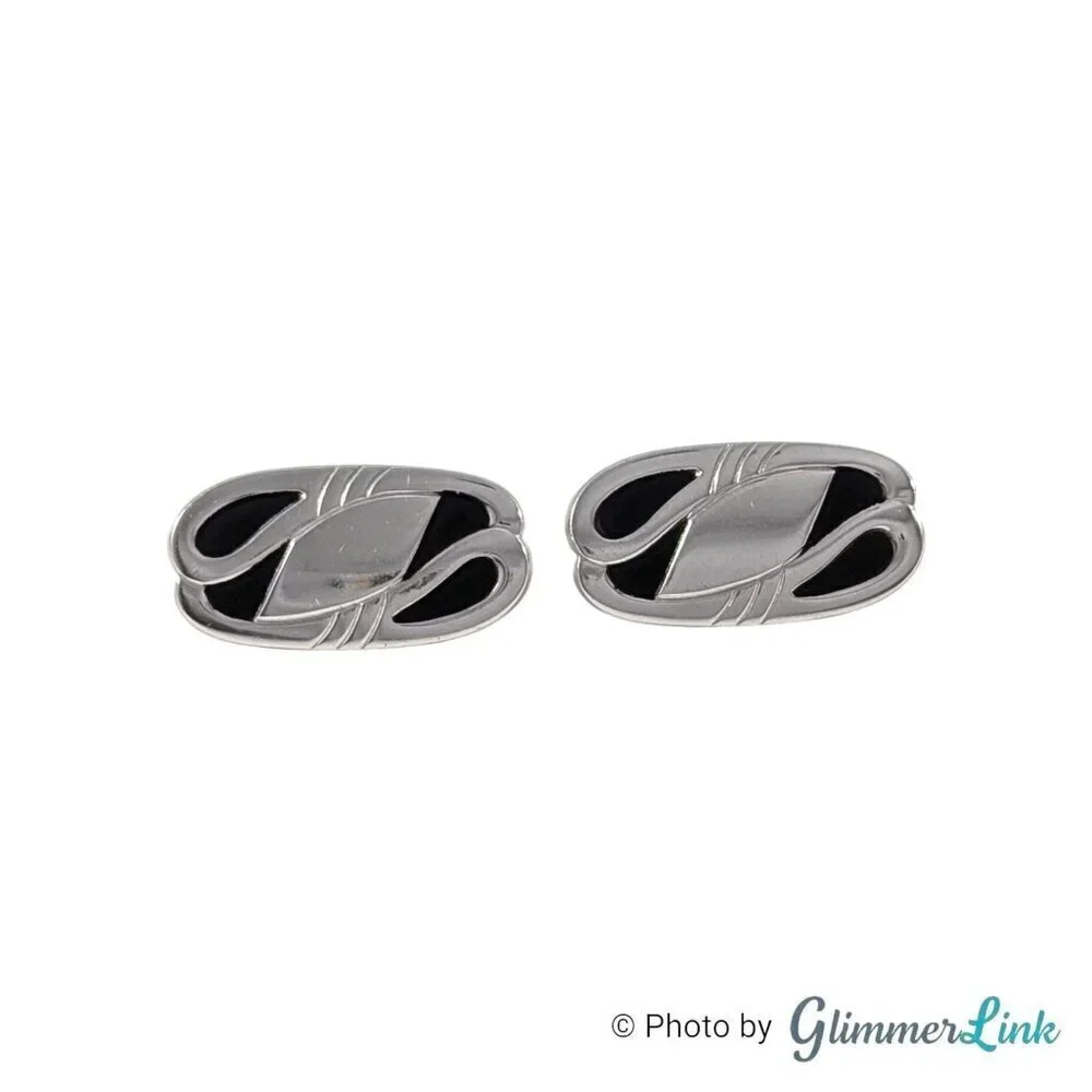 Vintage Anson Oblong Black Enamel Engravable Swirl Silver Tone Cufflinks